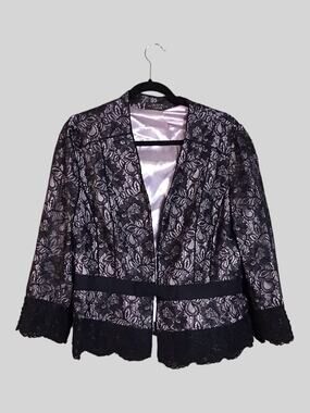Tahari Luxe Elegant black Floral lace Open front Blazer Pink Satin lining Sz. 14